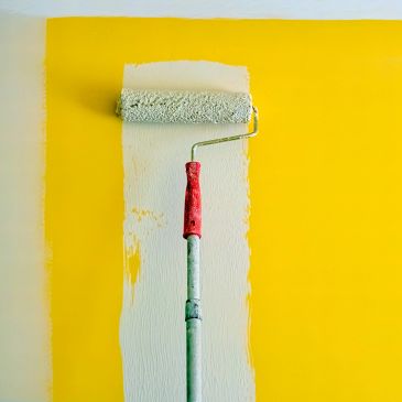 Paint roller applying white paint on a yellow wall.