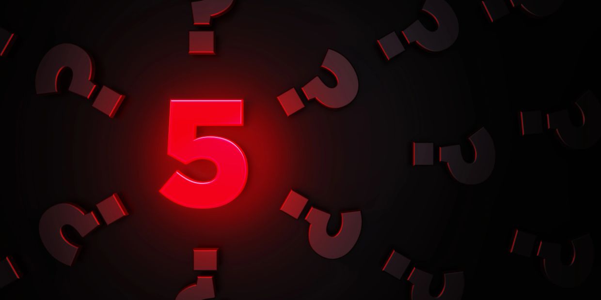 A glowing red number 5 surrounded by dark question marks on a black background.