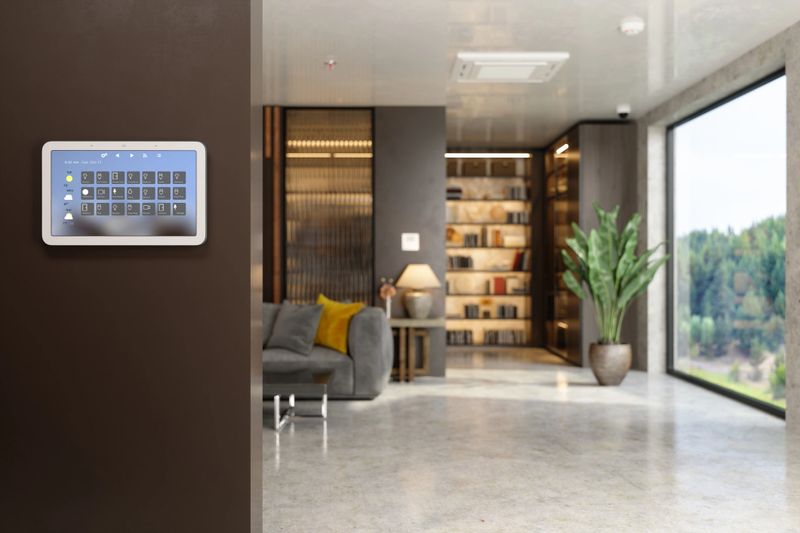 Smart Remote Home Control System With App Icons On A Digital Screen In Living Room With Blurred Background.