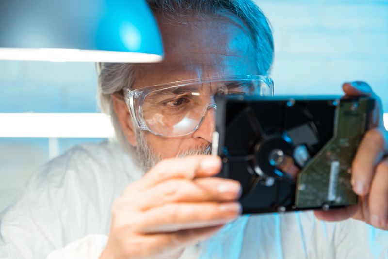 Engineer analyzing hard disk in laboratory