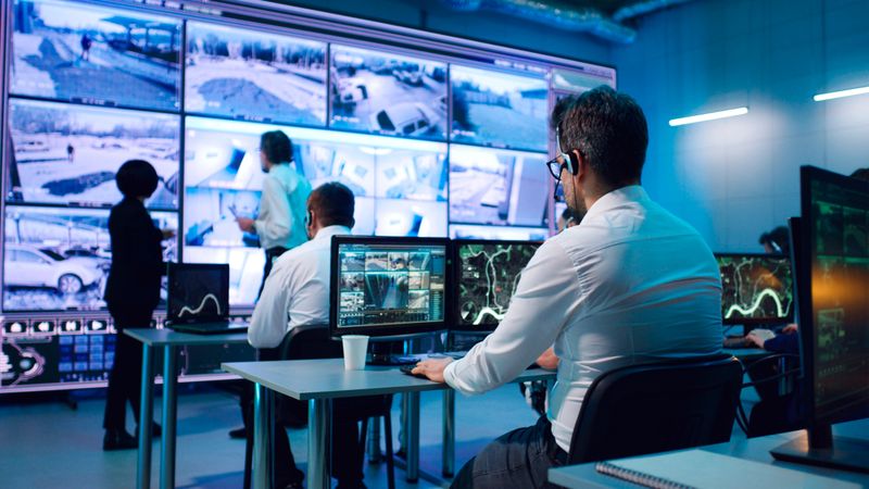 Mature man and young woman in formal wear talking about videos from surveillance cameras while standing near working spies in office of intelligence agency