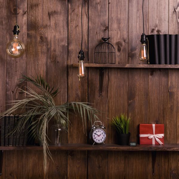 Cozy wooden shelves with plants, an alarm clock, and hanging light bulbs.