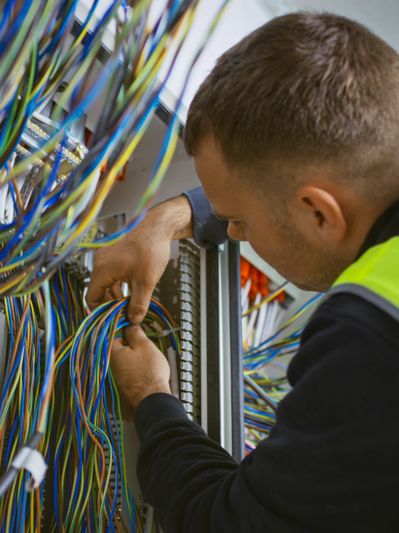 Technician working with colorful network cables.