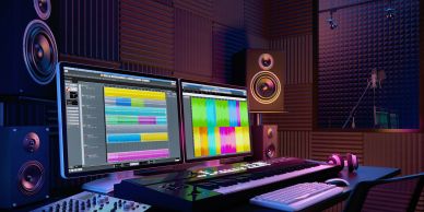 Music production studio with dual monitors and audio equipment.