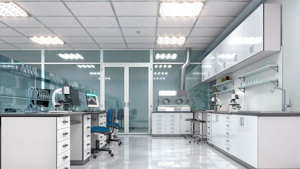 Modern laboratory with microscopes and scientific equipment.