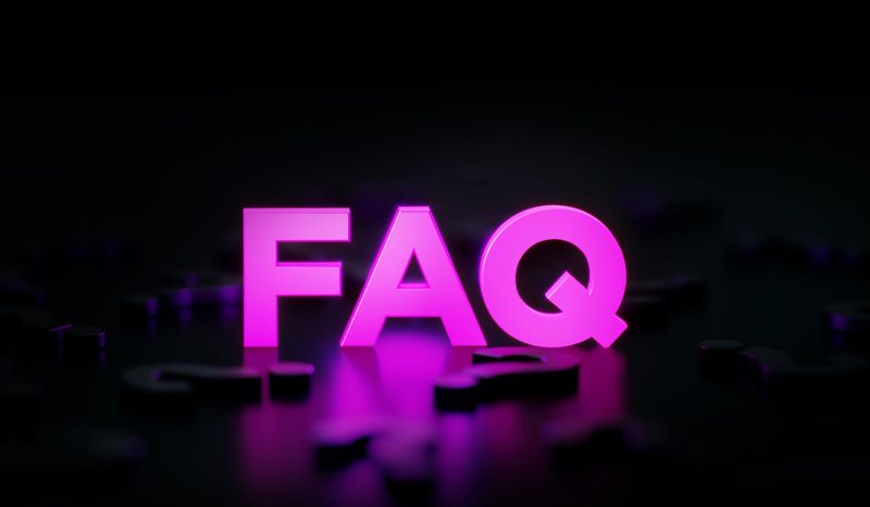 Purple FAQ text glowing amid black question marks on black background. Horizontal composition with copy space.