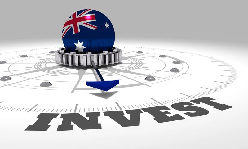 Business concept. Abstract compass points to the invest word. Flag of Australia. 3D rendering