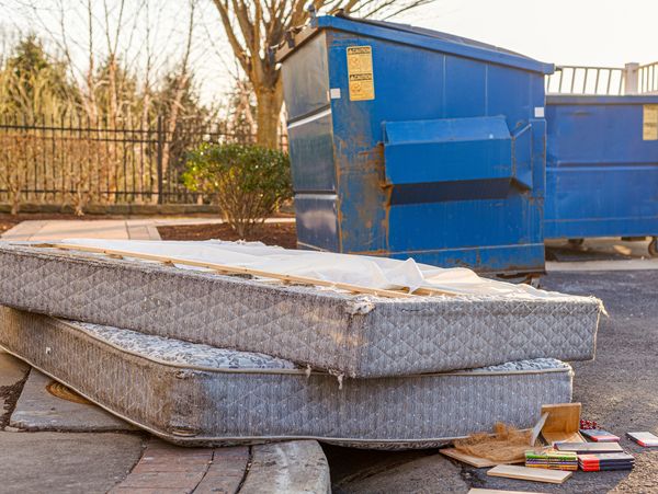 Old mattresses discarded near a blue dumpster on a sunny day.