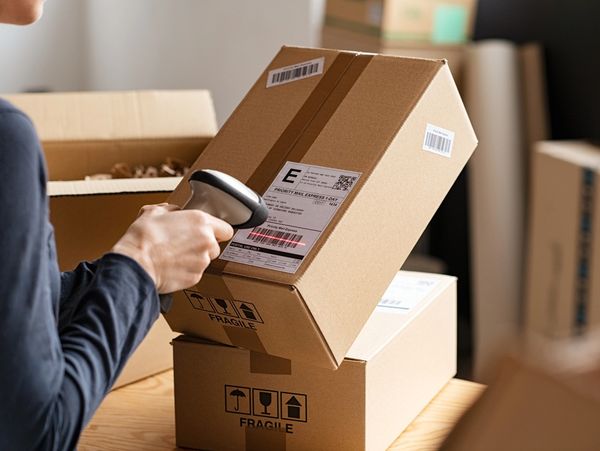 Person scanning a barcode on a cardboard box with a handheld scanner.