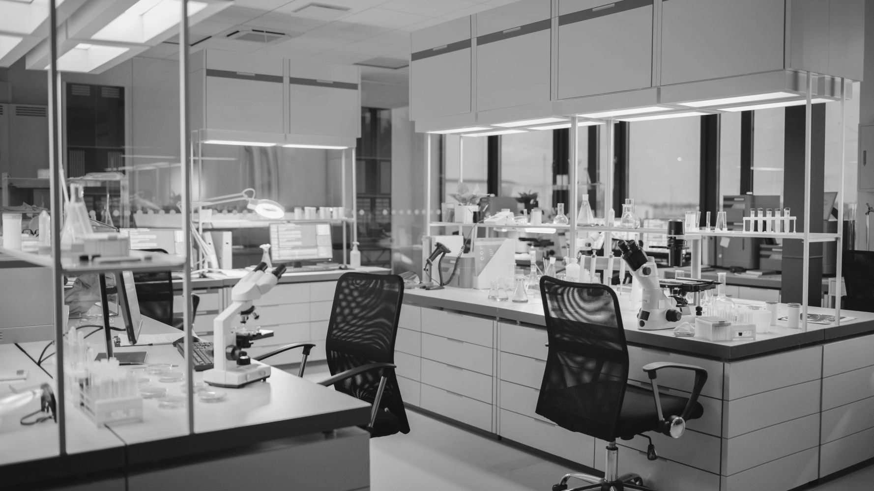 A modern, well-equipped laboratory with microscopes and general laboratory equipment. 