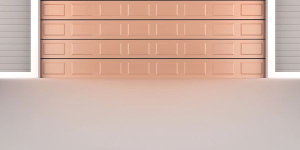 Closed peach-colored garage door.