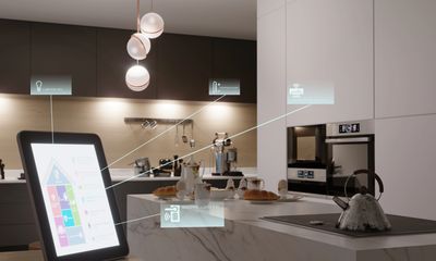 Smart kitchen with digital control panel and connected appliances.