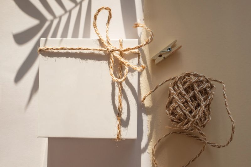 White gift box tied with twine. Wrapping paper  print mockup. Minimalistic style. Pastel shades.
