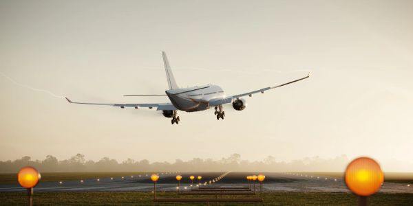 Airplane landing on runway during sunset with runway lights on.