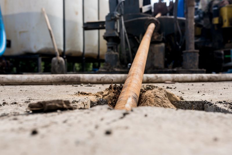 Low angle view of Horizontal directional drilling technology. Drilling machine work process. Trenchless laying of communications, pipes and water pipes. Close up