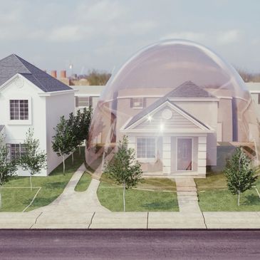 A suburban house protected by a transparent dome in a neighborhood.