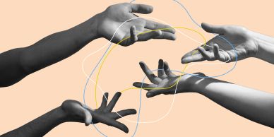 Black and white hands reaching out on beige background with colored lines.
