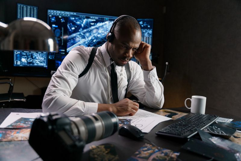 A CIA agent uses headphones to listen to an intercepted important audio message of conversations between criminals in his office at the Central Intelligence Agency. Behind him are large screens on which hidden tracking of objects in the city is conducted with the help of drones and satellites.