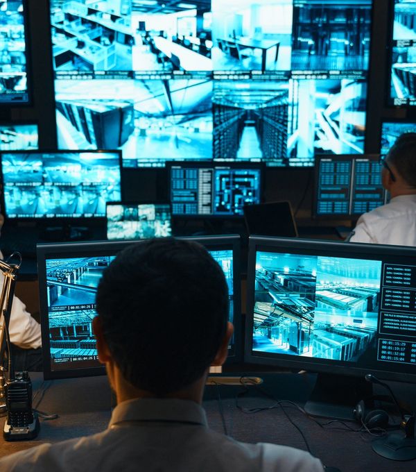 Person monitoring security cameras in control room.