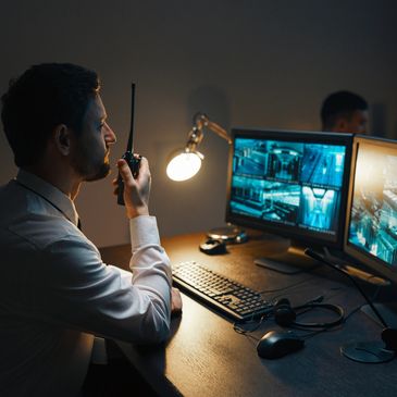 Man monitoring security cameras while communicating via radio.