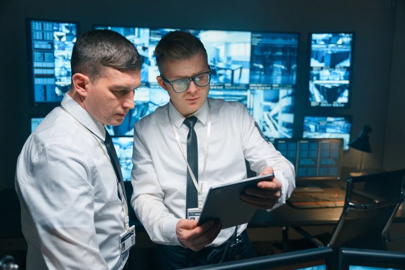 Two security officers are talking discussing the information received about the protected object. With the help of modern technology and a digital tablet, they can receive information from servers and security cameras in real time wirelessly.
