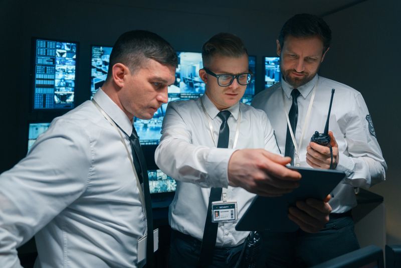 A group of security guards study the new instructions on a digital tablet. The task of employees is to protect offices, shops, shopping centers. In the protection of objects, they are assisted by modern technologies of detection systems, security cameras, and various high-tech sensors.