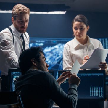 Three professionals collaborating in a high-tech control room.