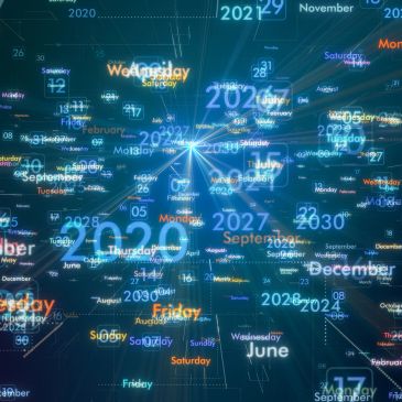 Digital calendar with years, months, and days floating in space.