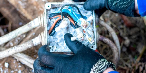Hands in black gloves working on electrical wiring.