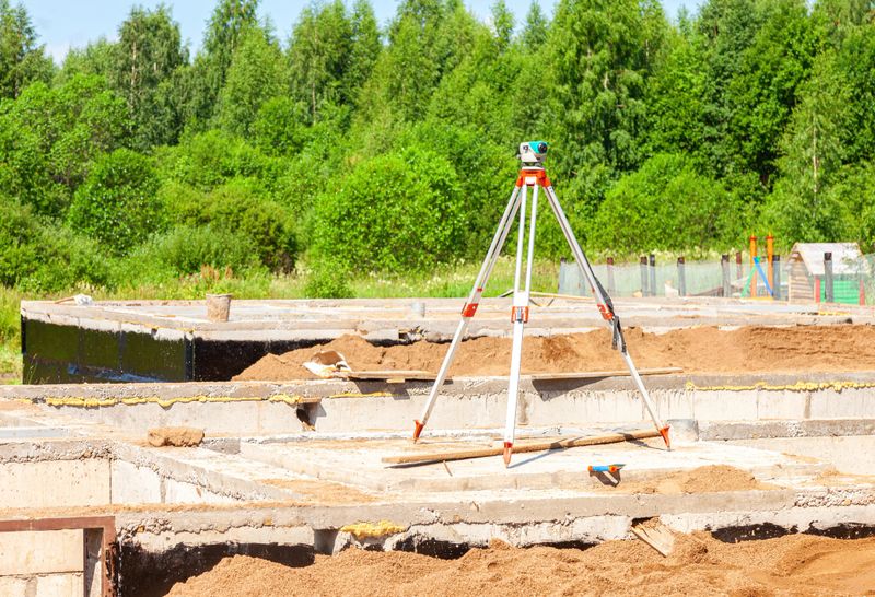 Geodetic equipment optical level mounted on tripod at the construction site. Surveyors ensure precise measurements