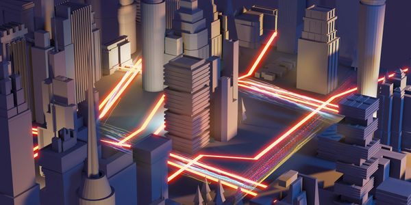 3D cityscape with glowing neon traffic lines at night.