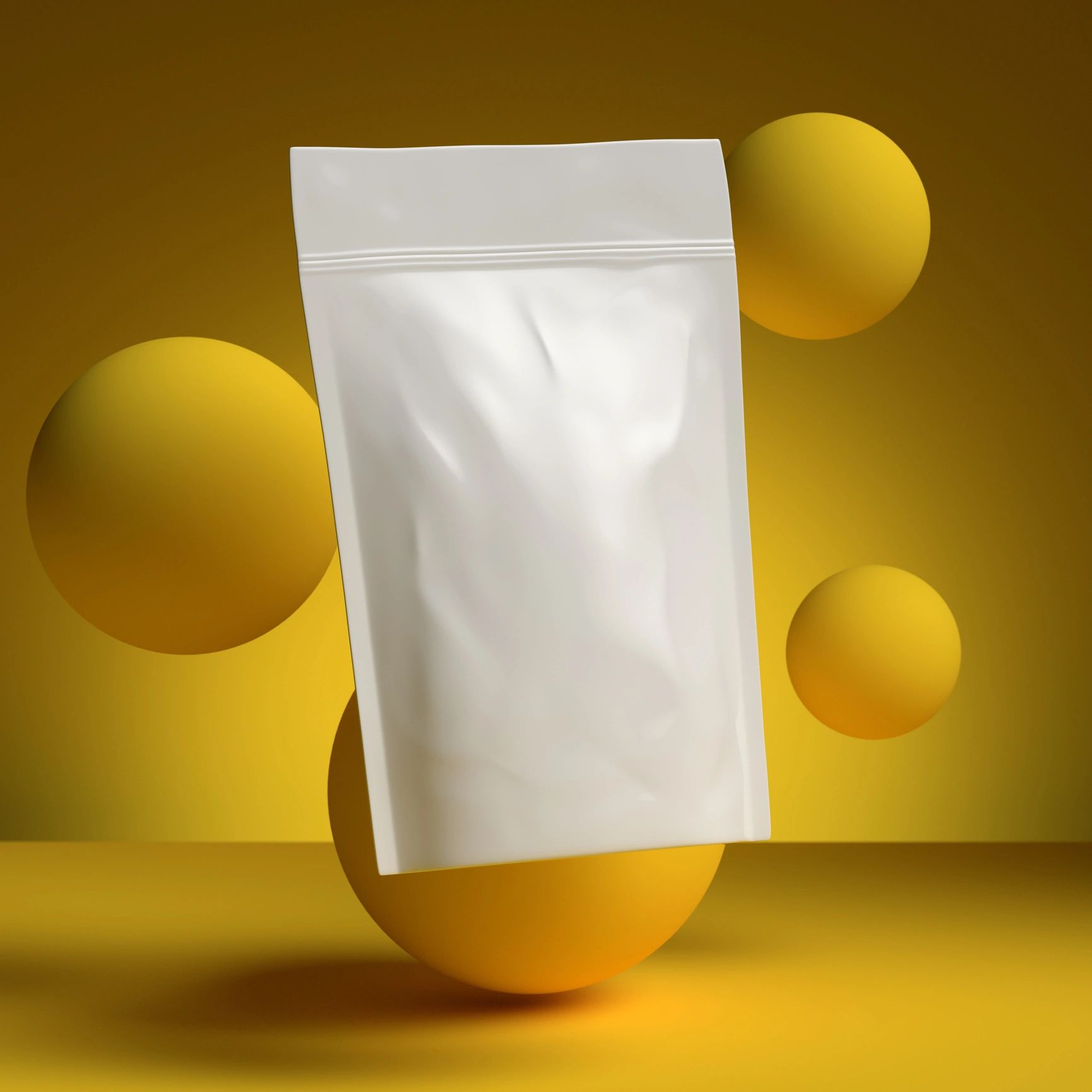 White resealable pouch with yellow spheres on a yellow background.