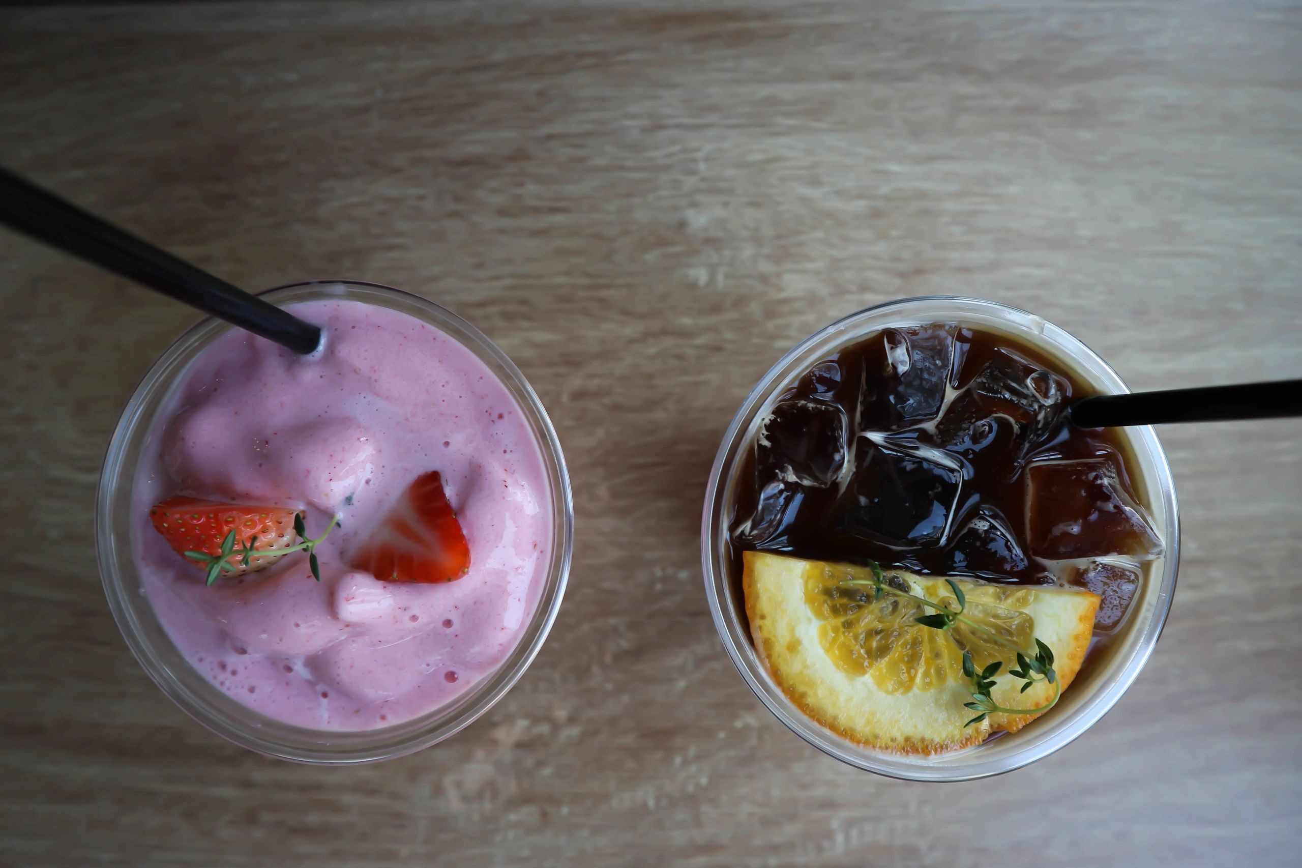 strawberry yogurt smoothie, strawberry smoothie and black orange coffee or orange juice espresso for serve