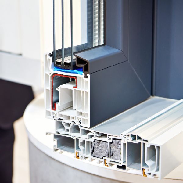 Cross-section of a modern insulated window frame showing internal structure.