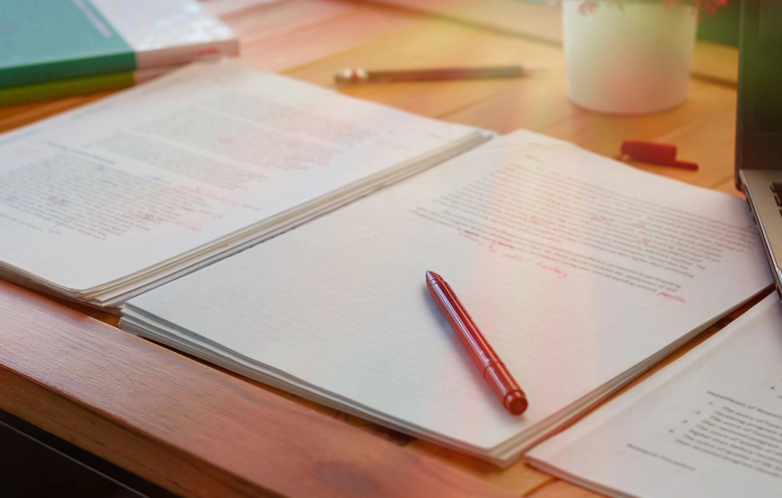A marked-up typed document with a red pen resting on top.