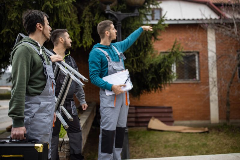 Three repairman standing in front of client's house and talking about work