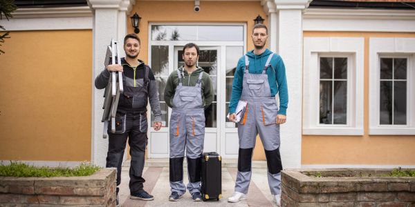 Three workers in uniforms standing outside a building.