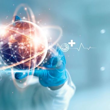 Medical professional interacting with futuristic health technology hologram.