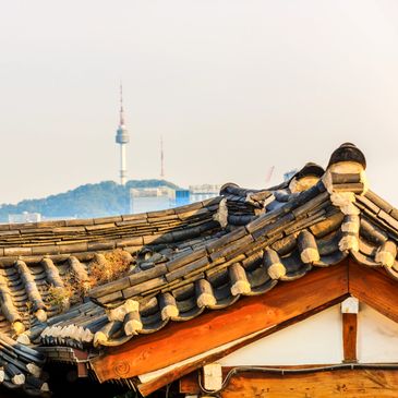 Traditional Korean roof tiles with a city tower in the background.