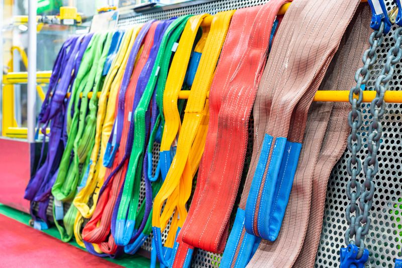 Metal chain and various multi color such as red green yellow blue purple violet gray brown of flat webbing sling or polyester belt for lift and move heavy workpiece or etc in industrial