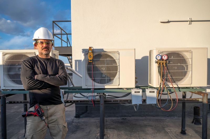 HVAC technician standing next to air conditioners, negative space on wall