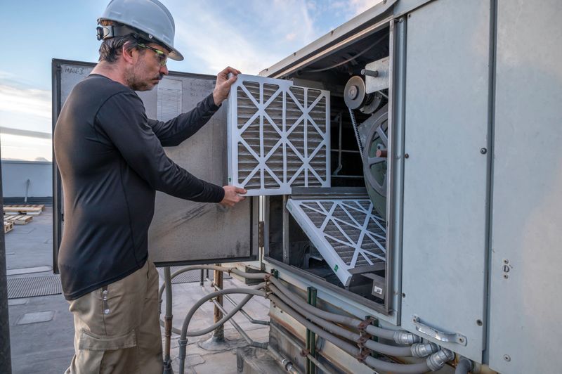 HVAC mechanic doing an air filter change on a commercial make up air unit