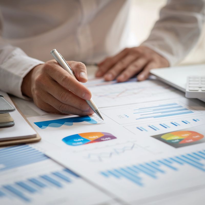 Financial Business man analyze the graph of the company's performance to create profits and growth, Market research reports and income statistics, Financial and Accounting concept.