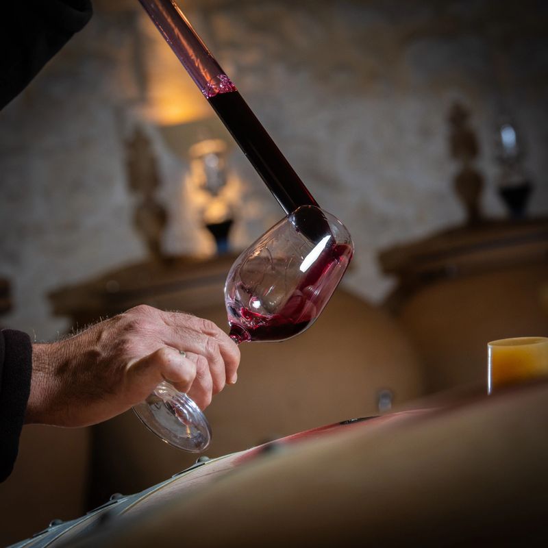 FRANCE, GIRONDE, SAINT-EMILION, SAMPLING A GLASS OF WINE IN A BARREL WITH A PIPETTE FOR TASTING AND VINIFICATION MONITORING, HIGHT QUALITY PHOTO