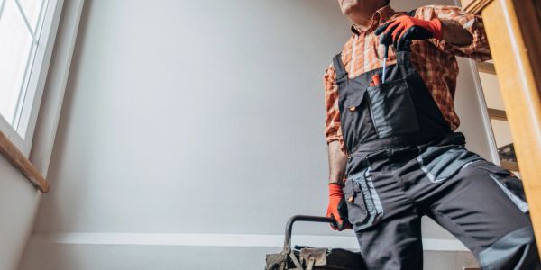 Worker leaning on a ladder indoors.
