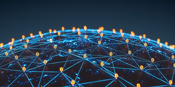 Digital globe with interconnected by blockchain symbols.