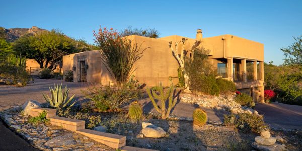 Desert-style house with cacti and clear sky.