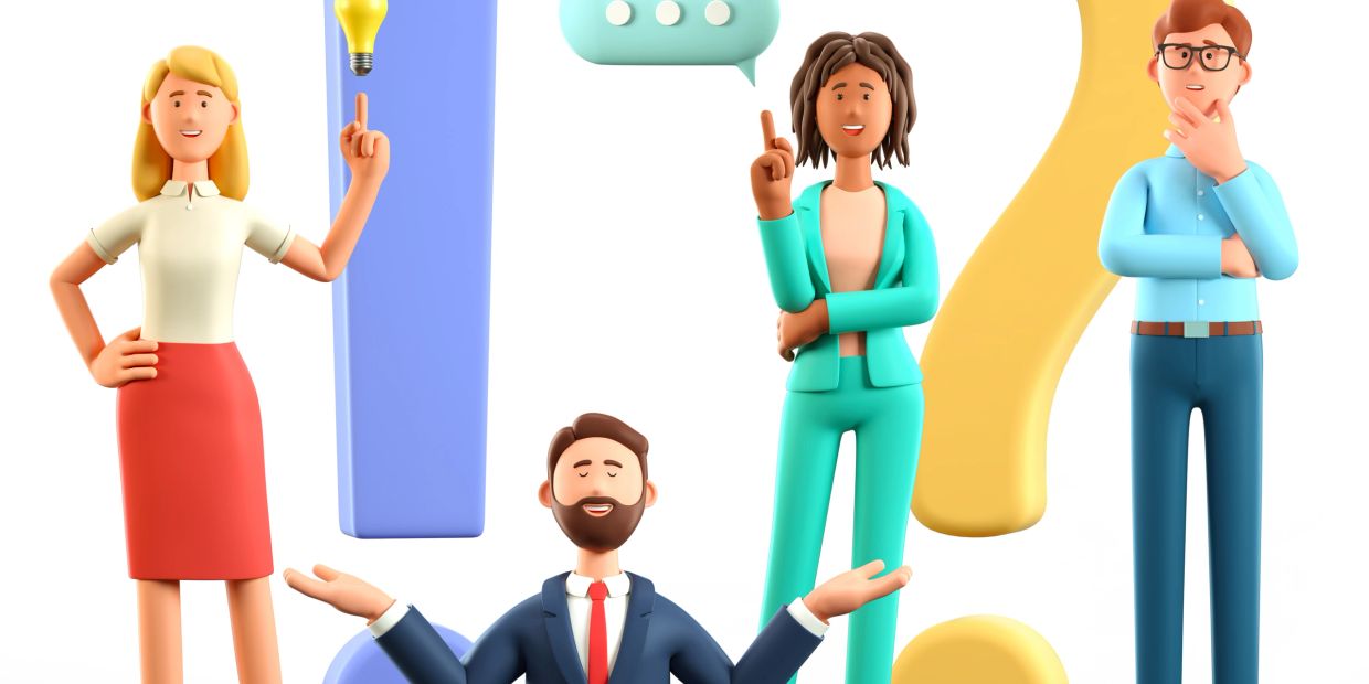 Four diverse cartoon characters with question and idea symbols, expressing curiosity and solutions.