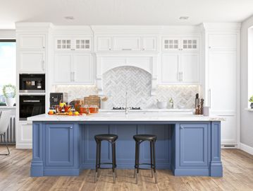 The ways to make your own statement through your home improvements are endless. For example, Bright white custom cabinetry, bold pop of color on an island, glossy marble backsplash, strategic lighting, to include within glass-panel second-tier cabinets that reach the ceiling, a custom range-hood with beautiful moldings, rich wood tones with a resilient LVP flooring, and maybe even base under-cabinet lighting or a vaccuum system that helps keep your kitchen floors clean. Let's get creative and make some magic together!