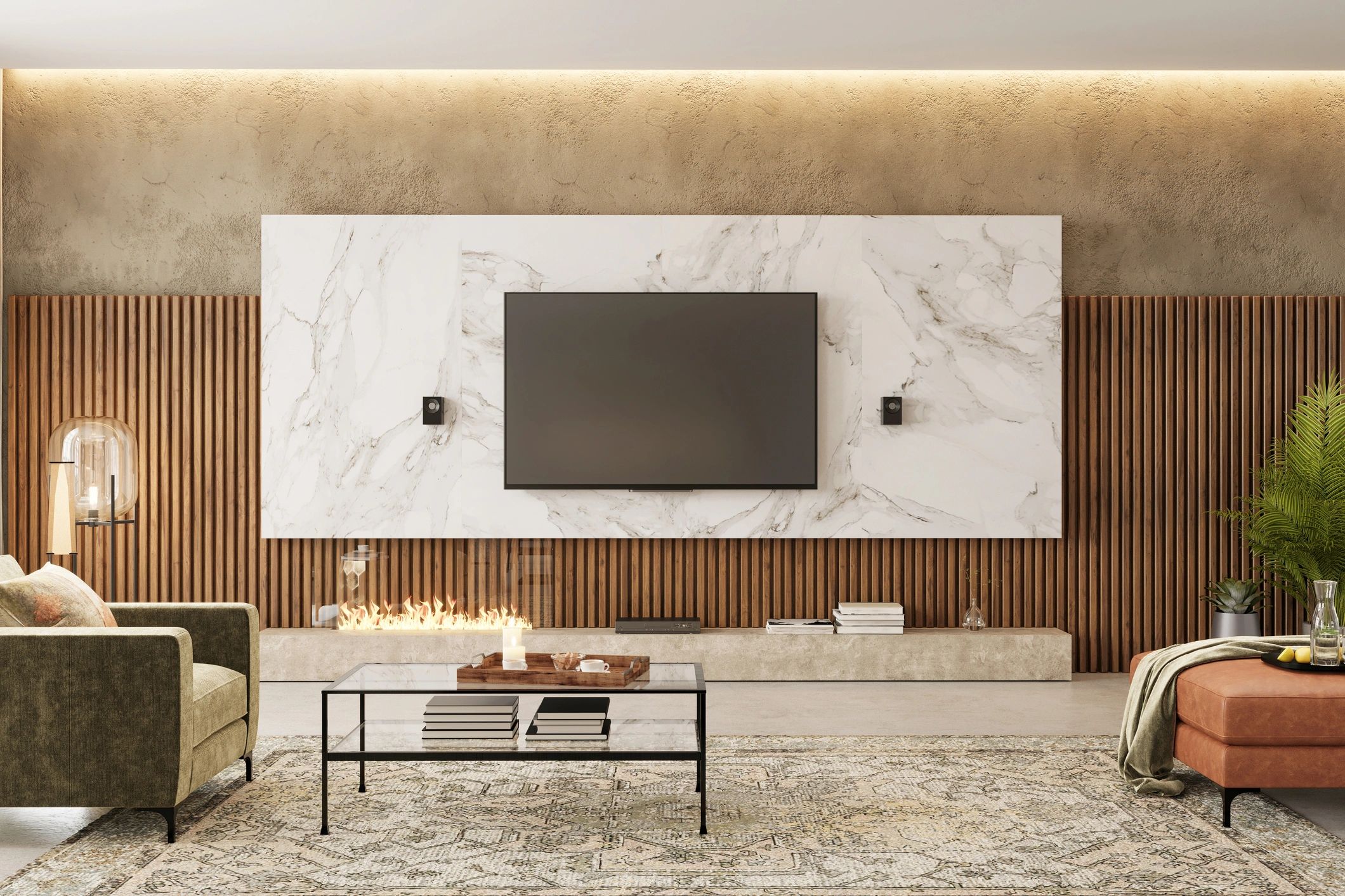 Modern living room with marble TV wall and cozy fireplace.